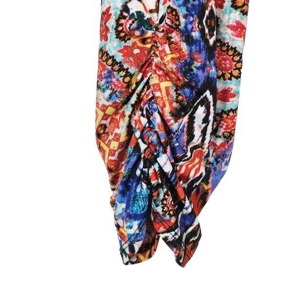 Dalin Womens Top 2X Keyhole Geo Graphic Print Ruched Sleeves Boho Artsy Stretch - Picture 5 of 10